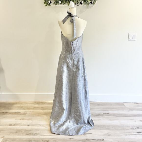 new halston heritage Silver Jaquard Halter Gown High Low Size 12 H - Picture 3 of 7